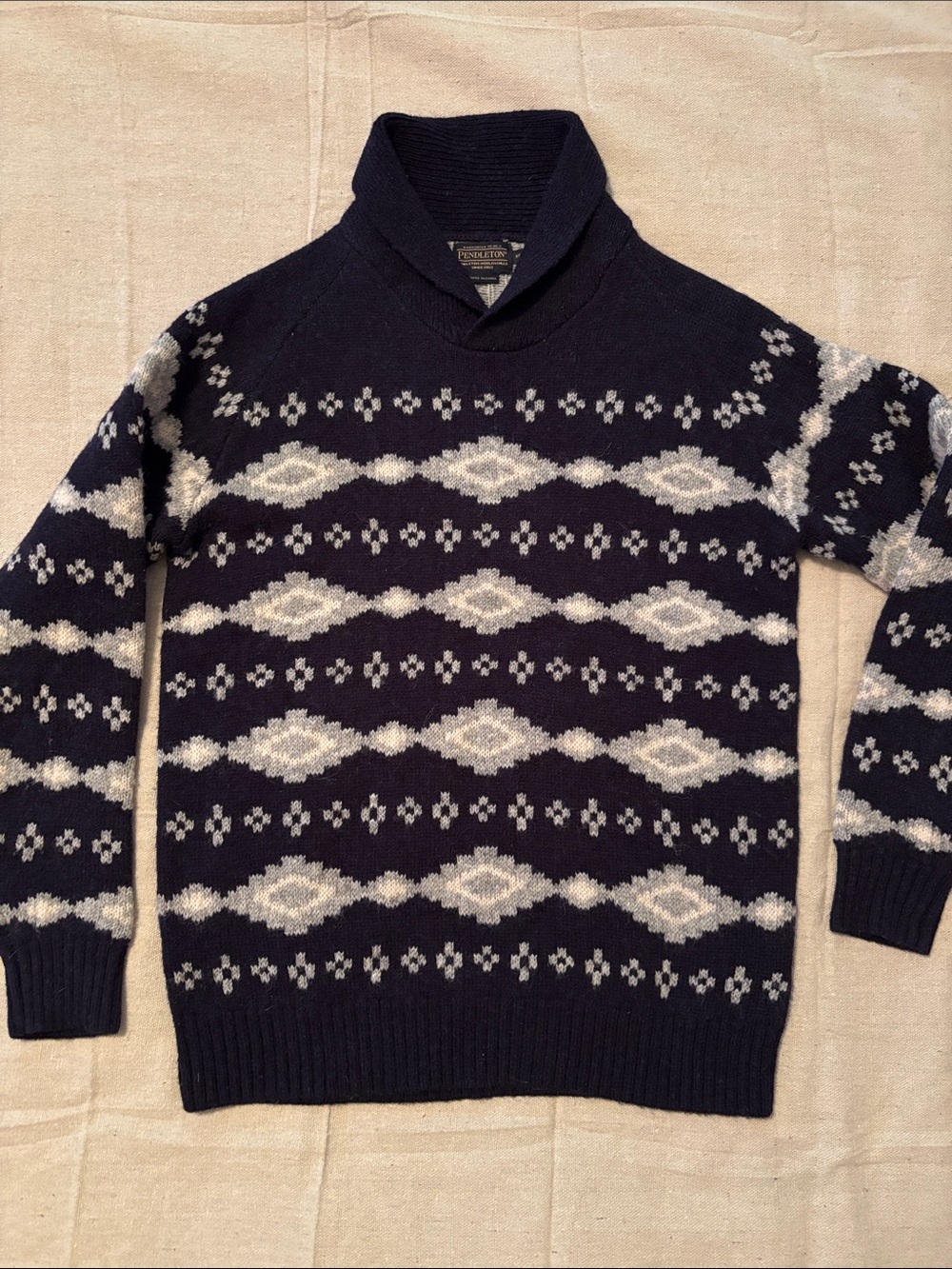 Pendleton Navy Shawl-Collar Fair Isle Wool Sweater - XS